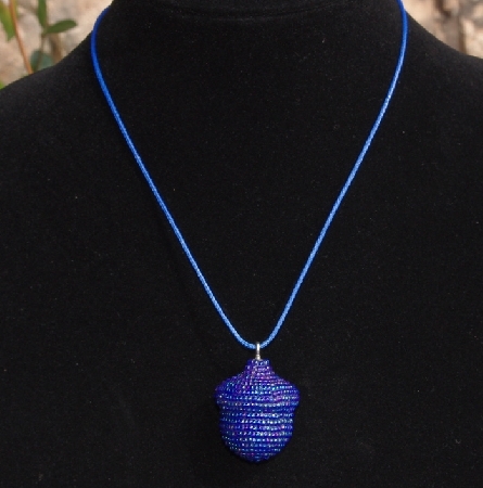 +MBA #AE3-129  "Peacock Blue Glass Seed Bead Acorn Pendant"