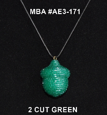 +MBA #AE3-171  "2 Cut Green Glass Seed Bead Acorn Pendant"