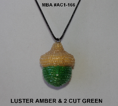 +MBA #AC1-166  "Luster Amber & 2 Cut Green Glass Seed Bead Acorn Pendant"