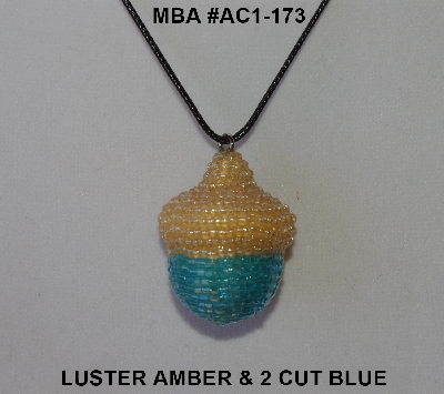 +MBA #AC1-173  "Luster Amber & 2 Cut Sky Blue Glass Seed Bead Acorn Pendant"