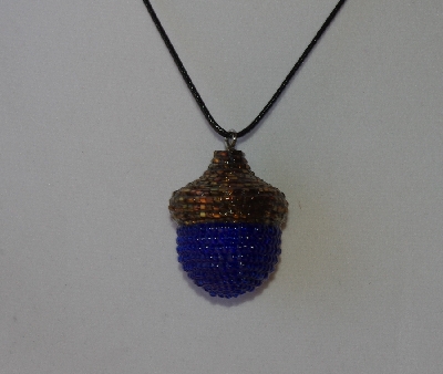 +MBA #AC1-155  "Rainbow Copper & Dark Blue Glass Seed Bead Acorn Pendant"