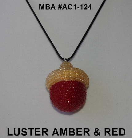 +MBA #AC1-124  "Amber Luster & Red Glass Seed Bead Acorn Pendant"