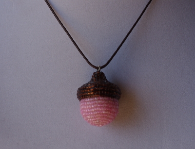 +MBA #AC1-0035  "Dark Brown & Luster Pink Glass Seed Bead Acorn Pendant"