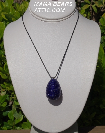 +MBA #555-138  "2 Ct Dark Blue Glass Seed Bead Egg Pendant"