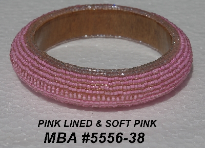 +MBA #5556-388  "Pink Lined & Soft Pink Glass Bead Bangle Bracelet"