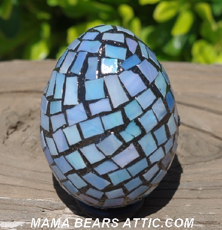 +MBA #5556-273  "Iridescent Sky Blue Stained Glass Mosaic Egg"