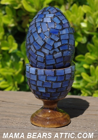 +MBA #5556-429  "Multi Blue Stained Glass Mosaic Egg & Matching Egg Cup"