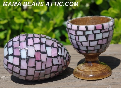 +MBA #5556-438  "Iridescent Pink Stained Glass Mosaic Egg With Matching Egg Cup"