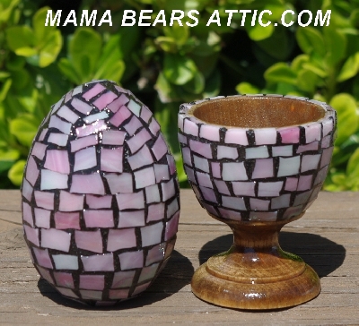 +MBA #5556-438  "Iridescent Pink Stained Glass Mosaic Egg With Matching Egg Cup"