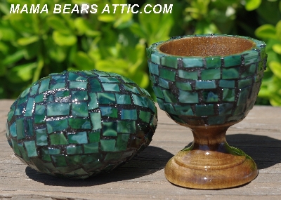 +MBA #5556-445  "Multi Green Stained Glass Mosaic Egg With Matching Egg Cup"