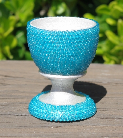 +MBA #5556-452  "Luster Blue Glass Seed Bead Egg With Matching Egg Cup"