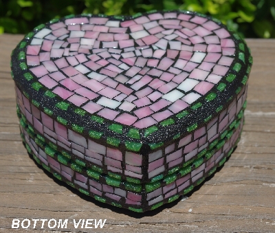 +MBA #5558-269  "Pink & Green Stained Glass Mosaic Heart Shaped Mosaic Jewelry Trinket Box"