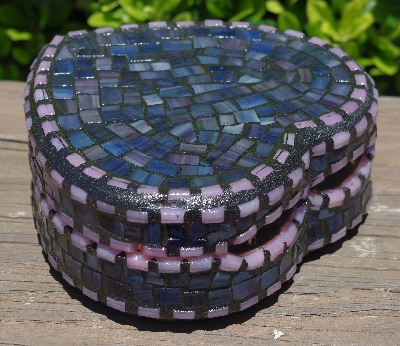 +MBA #5558-278  "Pink, Blue & Lavender Stained Glass Heart Shaped Mosaic Jewelry Trinket Box"