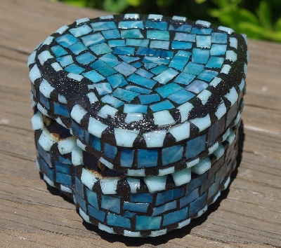 +MBA #5558-345  "Small Multi Blue Stained Glass Heart Shaped Mosaic Jewelry Trinket Box"