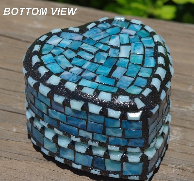 +MBA #5558-345  "Small Multi Blue Stained Glass Heart Shaped Mosaic Jewelry Trinket Box"