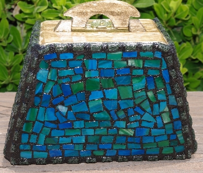 +MBA #5559-0025  "Black  & Multi Blue Green Stained Glass Purse Shaped Mosaic Jewelry Trinket Box"