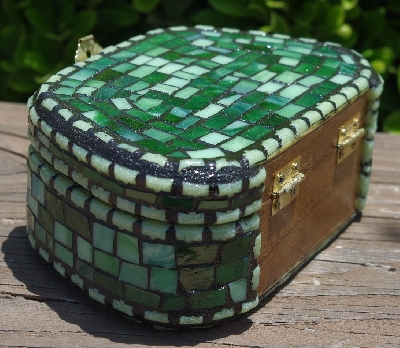 +MBA #5559-0033  "Multi Green Stained Glass Mosaic Jewelry Trinket Box"