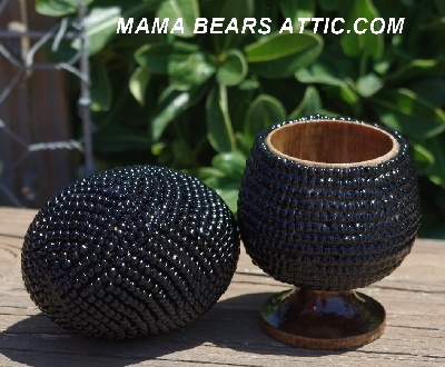 +MBA #5604-290  "Solid Black Glass Seed Bead Egg With Matching Egg Cup"