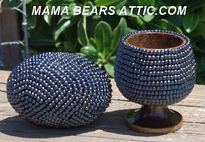 +MBA #5604-298  "Silver Black Glass Seed Bead Egg With Matching Egg Cup"
