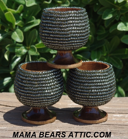 +MBA #5604-357  "Set Of 3 Silver Lined Gun Metal Glass Seed Bead Egg Cups"