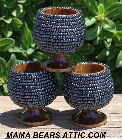 +MBA #4604-364-  "Set Of 3 Silver Black Glass Seed Bead Egg Cups"
