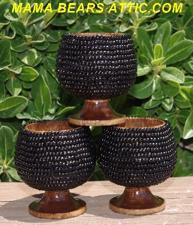 +MBA #5604-371  "Set Of 3 Black Glass Seed Bead Egg Cups"