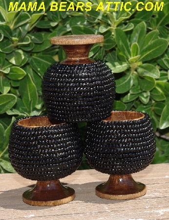 +MBA #5604-371  "Set Of 3 Black Glass Seed Bead Egg Cups"