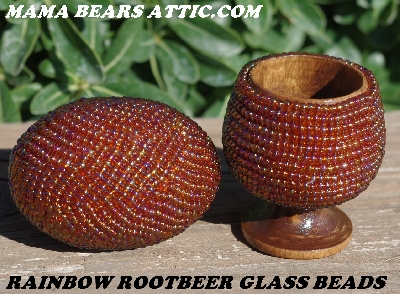 +MBA #5605-223  "Rainbow Rootbeer Glass Bead Egg With Matching Egg Cup"
