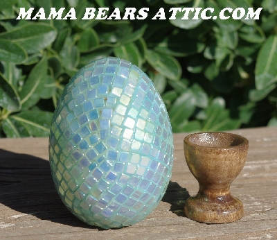+MBA #5605-251  "Metallic Sky Blue Glass Bead Egg With Stand"