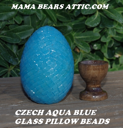 +MBA #5605-390  "Czech Aqua Blue Pillow Glass Bead Egg With Stand"