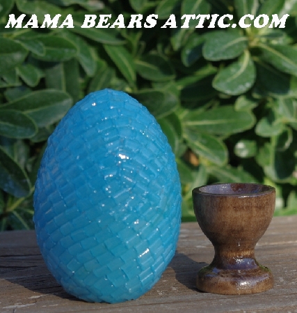 +MBA #5605-390  "Czech Aqua Blue Pillow Glass Bead Egg With Stand"