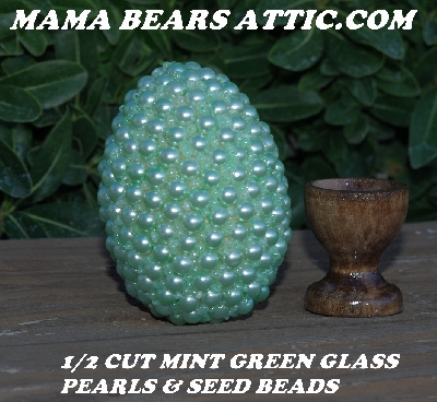 +MBA #5605-434  "1/2 Cut Mint Green Glass Pearls & Seed Bead Egg With Stand"