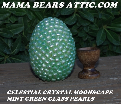 +MBA #434  "Celestial Crystal Moonscape Mint Green Glass Pearl Egg With Stand"
