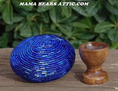+MBA #5606-0017  "Blue Glass Bugle Bead Egg With Stand"