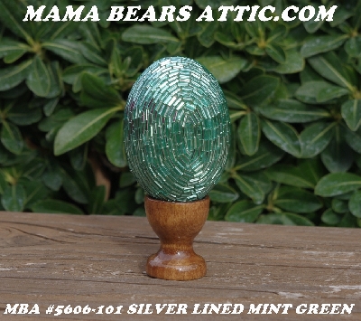 +MBA #5606-101  "Silver Lined Mint Green Glass Bugle Bead Egg With Stand"