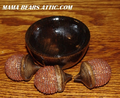 +MBA #5607-211  "Set Of 3 Brown Glass Beaded Acorns & Bowl"