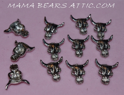 +MBA #5608-140  "Set Of 12 Silver Tone Metal Cow Skull Embellishments"