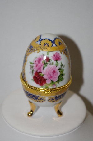 +MBA #9-233A  Pink Roses Egg Shaped Trinket Hinged Box With Candle