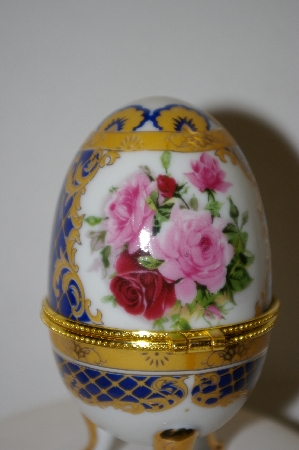 +MBA #9-233A  Pink Roses Egg Shaped Trinket Hinged Box With Candle