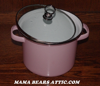 MBA# Pink19-0023    "2006 2-1/2 QT Pink & White Enameled Stock Pot With Glass Lid"