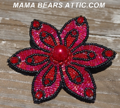 MBA #5612-172 "Black & Red Glass Bead Flower Brooch"