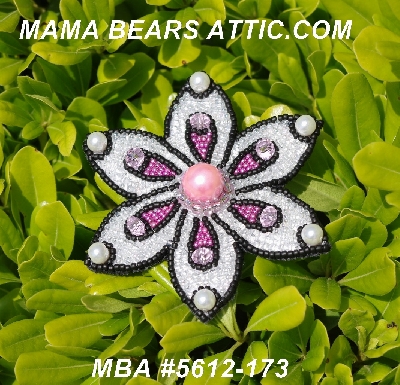 MBA #5612-173  "Pink , Clear Luster & Black Glass Bead Flower Brooch"