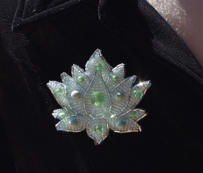 MBA #5613-0001-  "Mint Green  Glass Bead Flower Brooch"