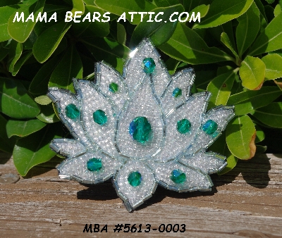 MBA #5613-0003  "CLear Luster & Green Glass Bead Flower Brooch"