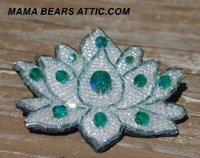 MBA #5613-0003  "CLear Luster & Green Glass Bead Flower Brooch"