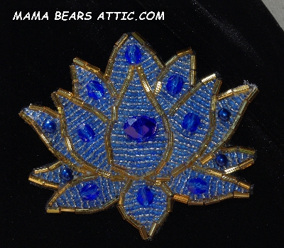 MBA #5613-0006  "Blue & Gold Glass Bead Flower Brooch"