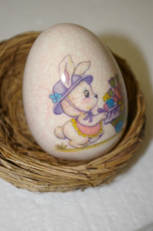 +MBA #11-195   1980's Porceline Cracked Finish Bunny On A Bike Egg