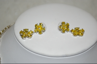 +MBA #CZY   "Yellow" CZ Floral Necklace W/ Matching Pierced Earrings