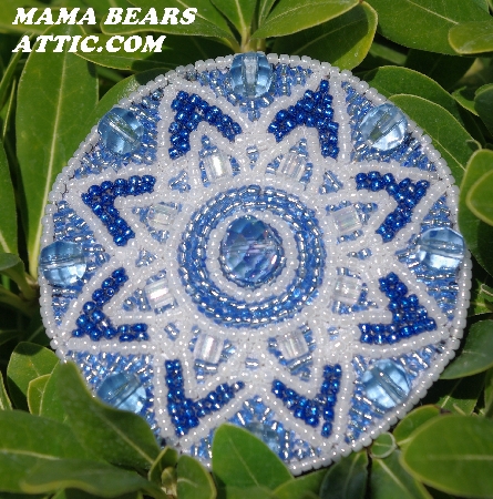 MBA #5614-0089  "Pearl White & Blue Glass Bead Round Brooch"