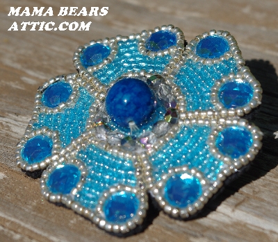 MBA #5614-0077  "Aqua Blue Glass Bead Flower Brooch"